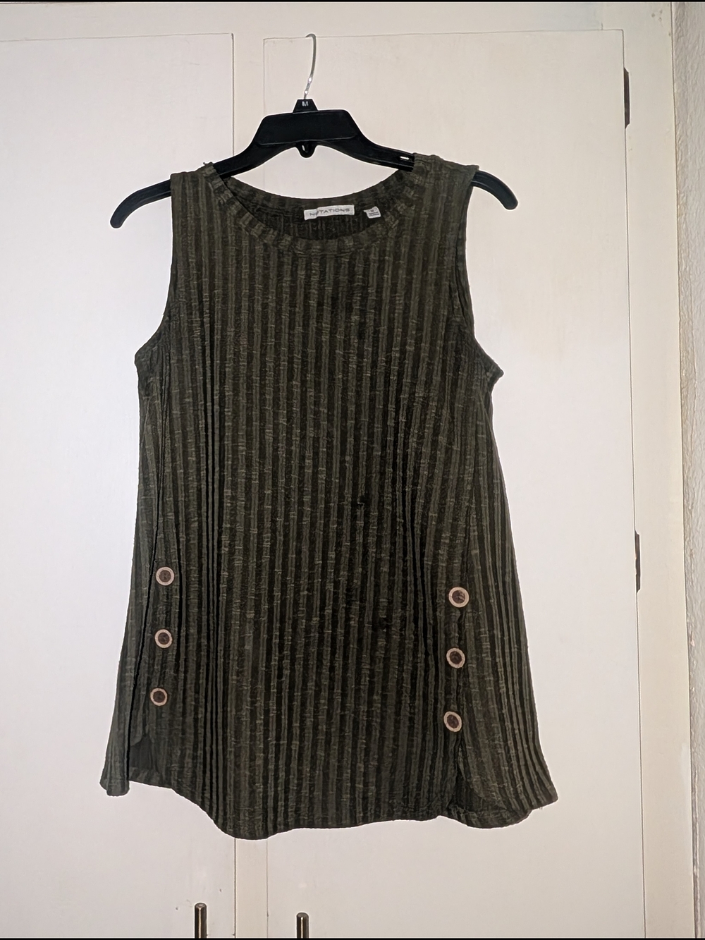 Notations Olive Ribbed Sleeveless Tunic with Side Ring Buttons